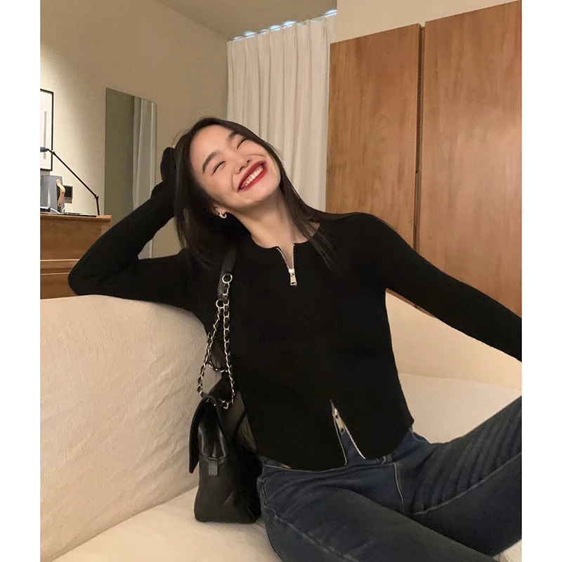 【黑色】开衫外套3603超柔软高品质双拉链针织毛衣