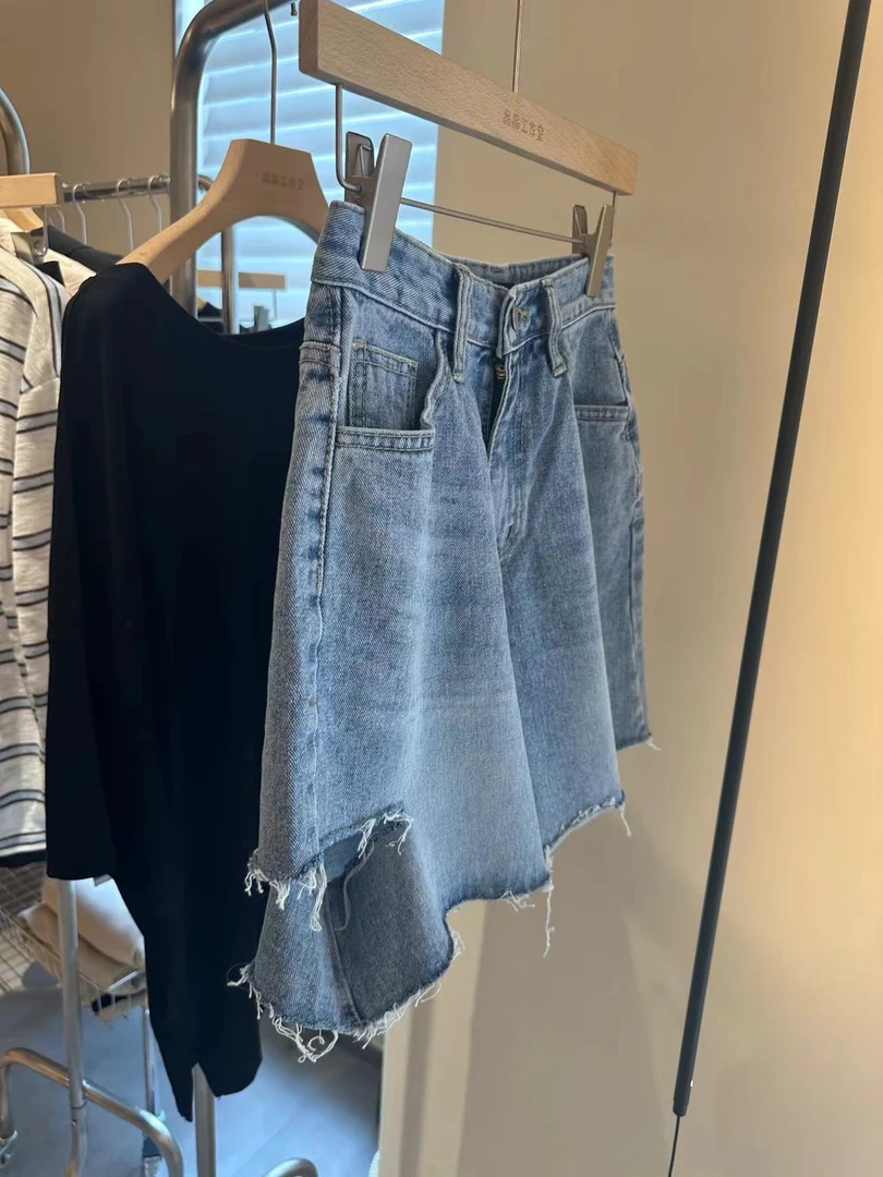 东大门DA百搭宽松做旧毛边破洞牛仔短裤NO退265