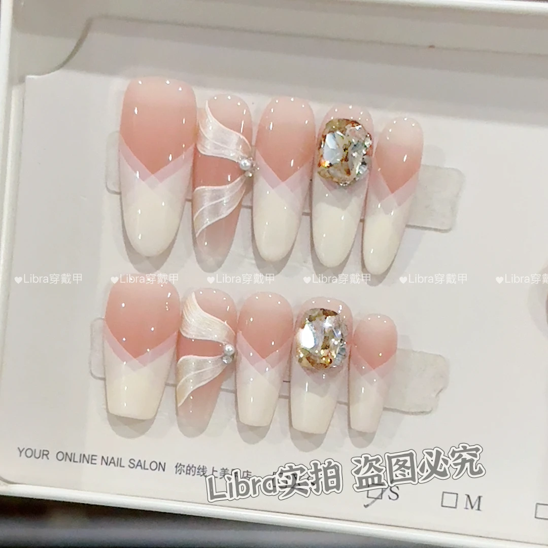 【星纱缦缦】纯手工飘带镶钻高级感显白穿戴式美甲贴10片装