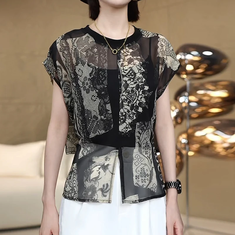 复古小众别致后背系带设计感印花衬衫夏季轻薄透气飞飞袖开叉小衫