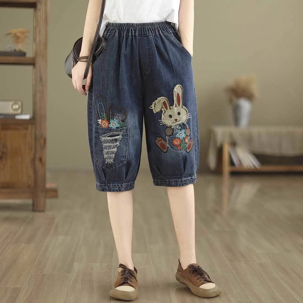 卡通白兔刺绣牛仔短裤女夏季薄款宽松大码五六分哈伦裤休闲老爹裤