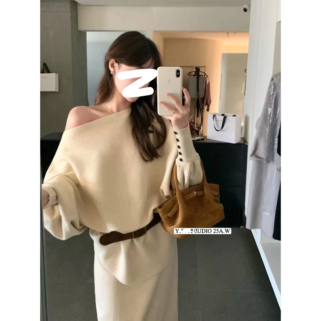 （配腰带）配腰带 老钱慵懒风蝙蝠袖圆领毛衣秋冬针织时尚长袖上衣