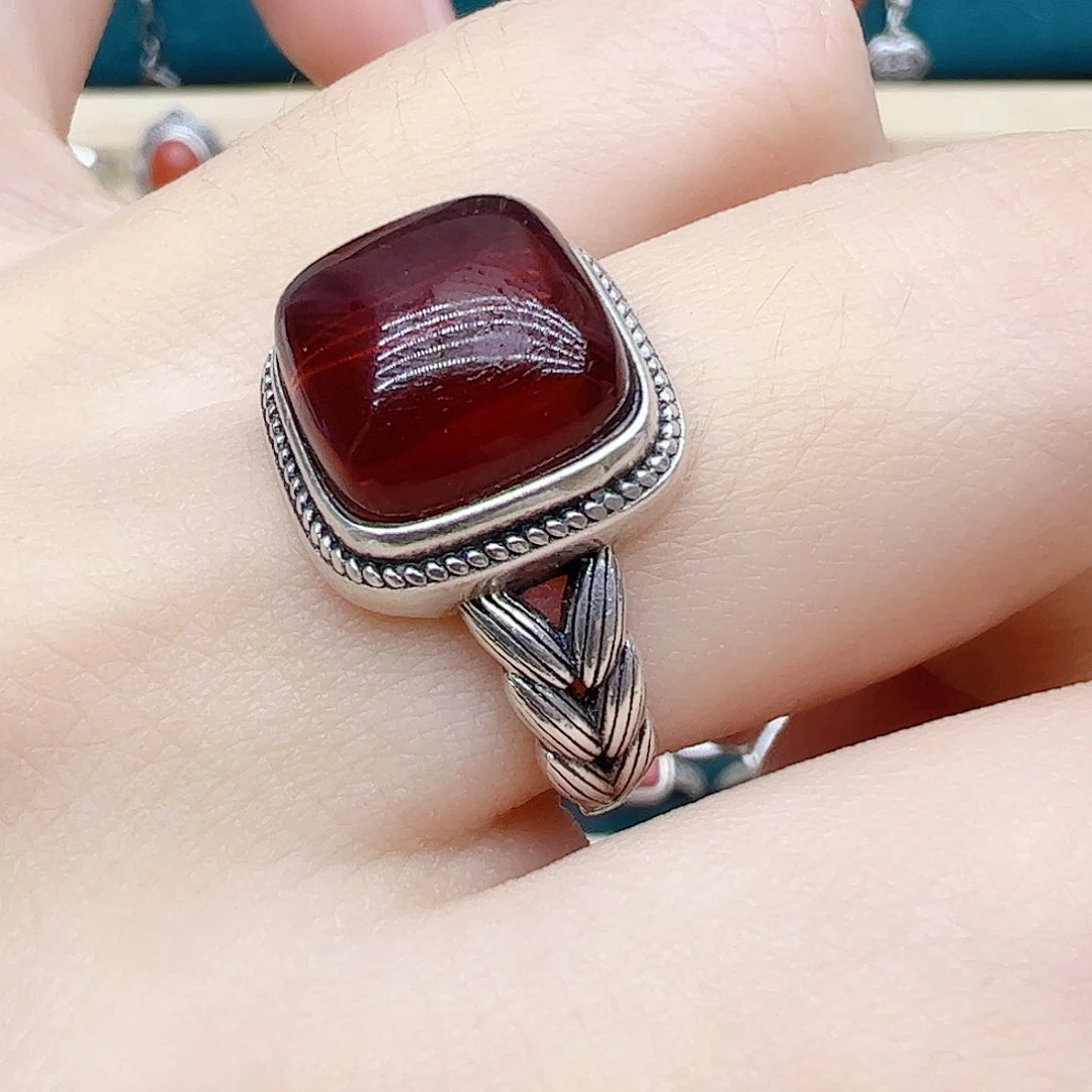血珀戒指银S925镶嵌天然