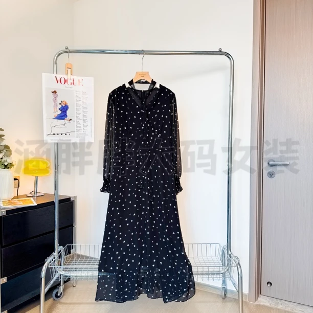 【涵胖胖】大码显瘦显高收腰V领法式波点连衣裙nx56290【B】