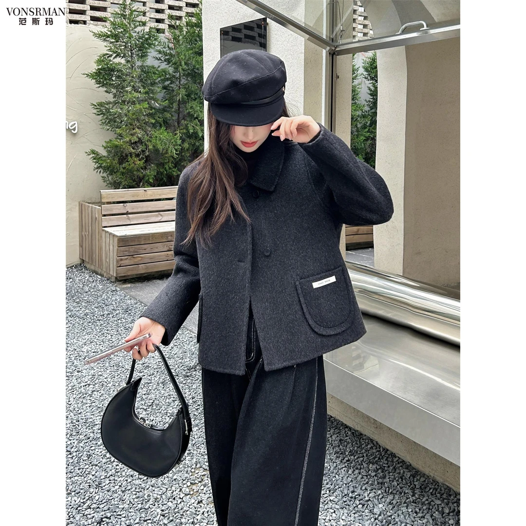 2025新款高级感娃娃领双面呢大衣短款小香风气质修身正肩外套冬季