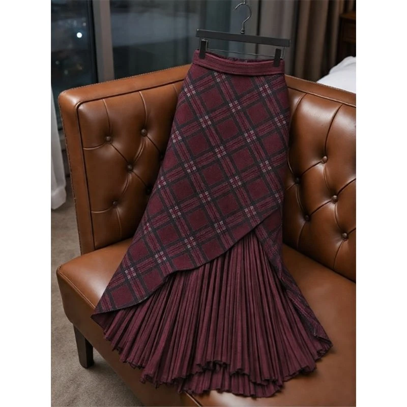 法式复古洋气设计感格纹毛呢半身裙女装2025新款拼接高腰长款裙子