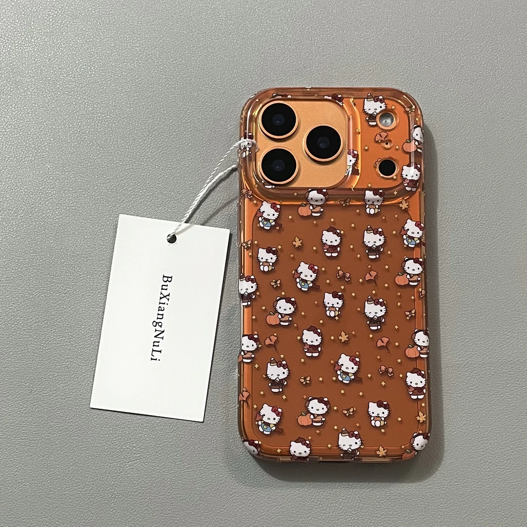 透橙底星星枫叶kitty猫适用苹果17pro手机壳iPhone16全包15/14