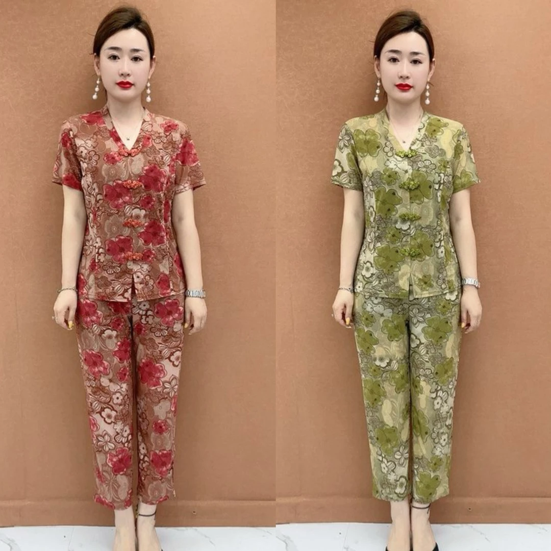 夏季新款V领如意盘扣减龄显瘦中老年妈妈装套装两件套