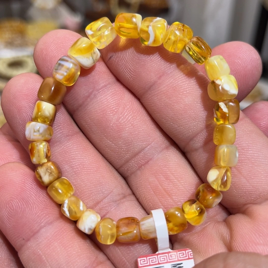 蜜蜡未镶嵌手链微瑕沁色瓷白溶洞拉丝妖花007.6mm