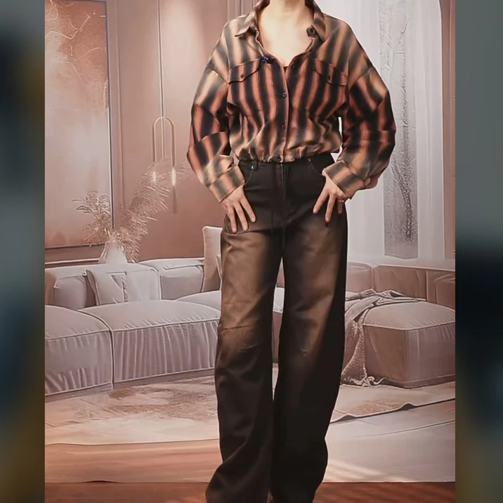 秋季新款条纹廓形扎染工装短款长袖衬衫套装