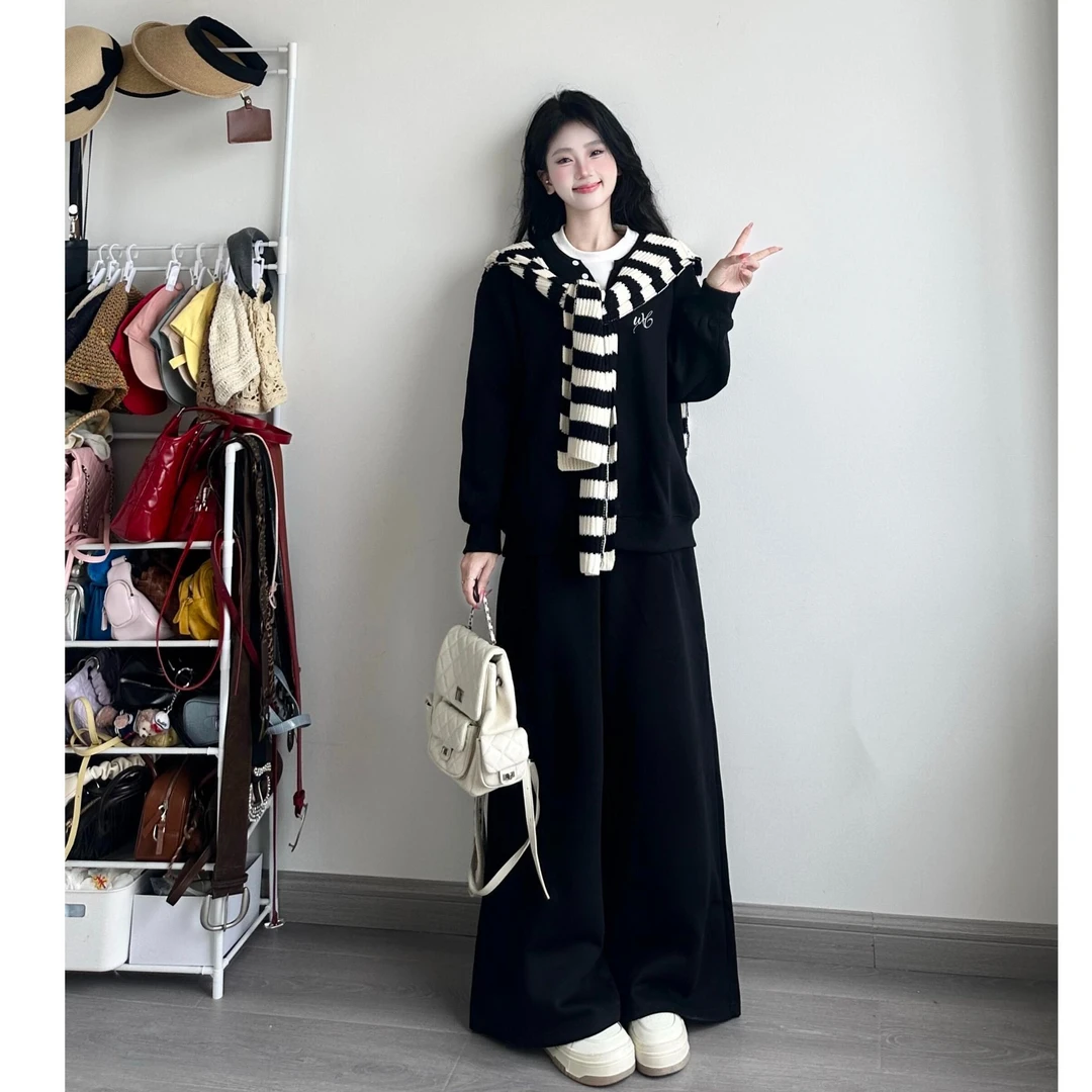 黑色带披肩长袖卫衣女秋冬套装宽松休闲两件三件套