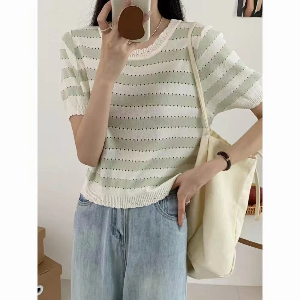短袖毛针织衫套头镂空设计感女宽松毛衣条纹夏季百搭077