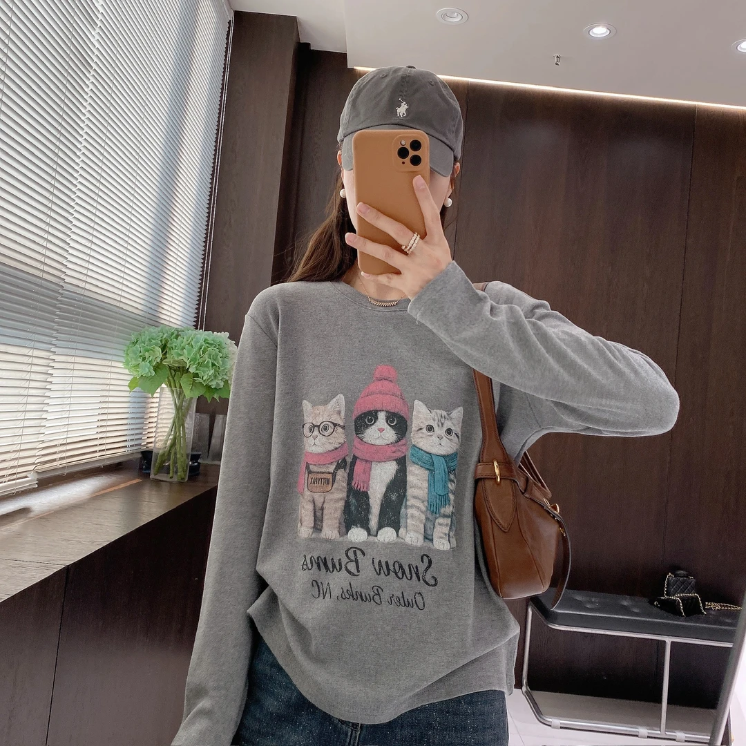 IMFLY金小金自制女装 T恤DYW10261秋冬小猫印花长袖打底衫T恤
