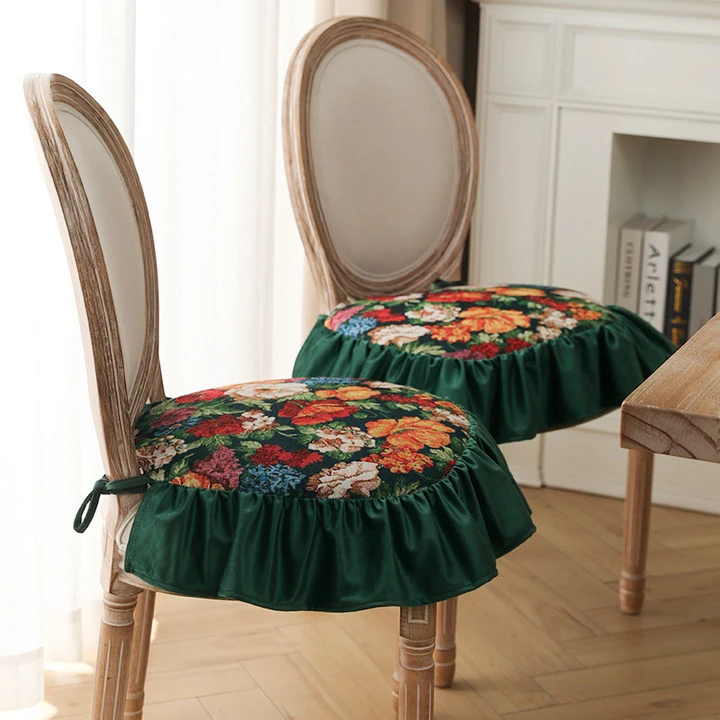 可拆洗荷叶边椅垫跨境法式复古田园风印花坐垫防滑耐脏带绑带垫子