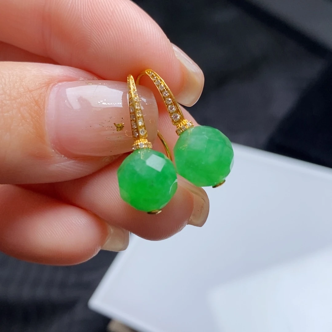 翡翠18K金镶嵌耳饰切割面珠珠耳钩（卡9.3mm）