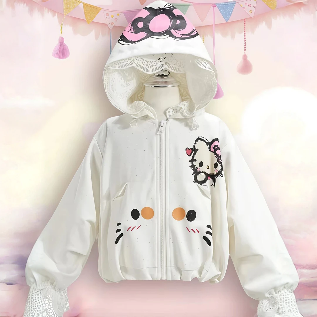 女童kt猫外套秋季2025新款儿童洋气卡通连帽秋装女孩洋气蕾丝宽松