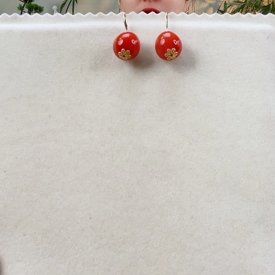 南红玛瑙耳饰18K金镶嵌南红