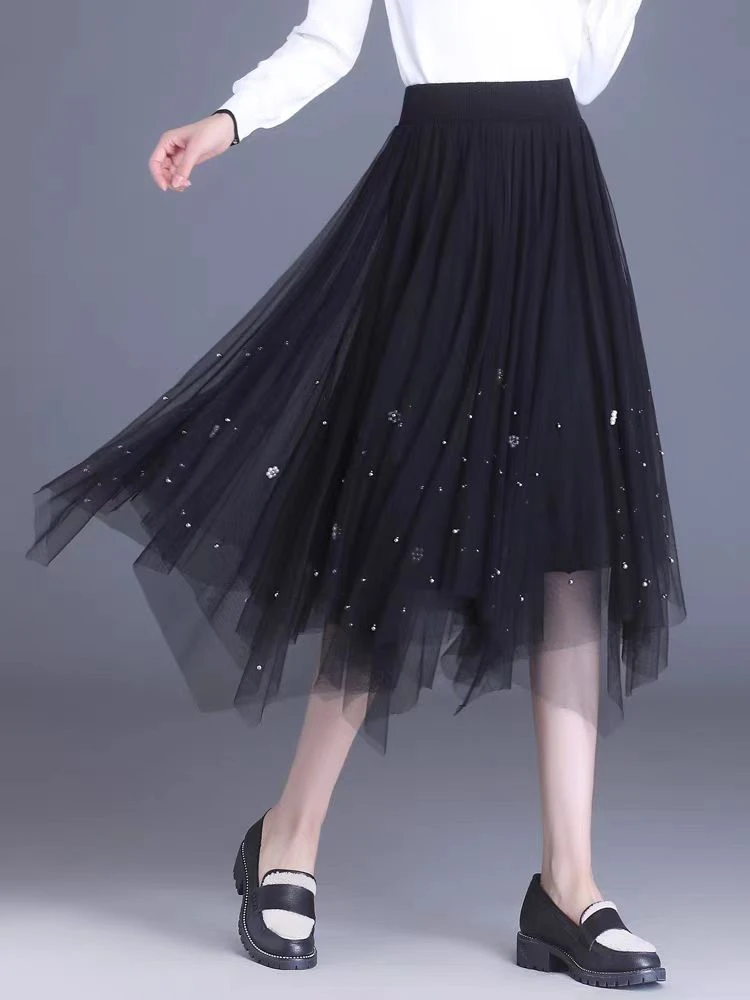 2122#钉珠网纱半身裙女2025新款高腰显瘦不规则百褶裙中长款a字裙