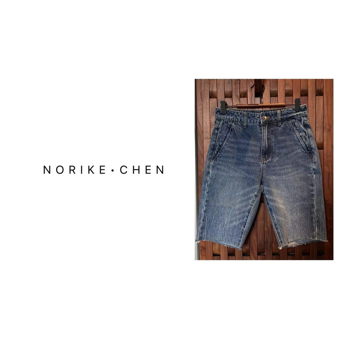 破边复古水洗牛仔中裤显瘦直筒五分裤NK43248