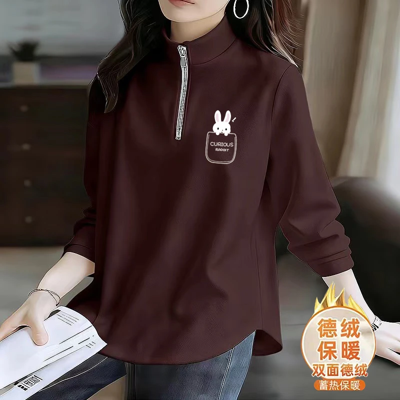 双面德绒半高领保暖打底衫女秋冬季宽松休闲韩版显瘦内搭拉链上衣