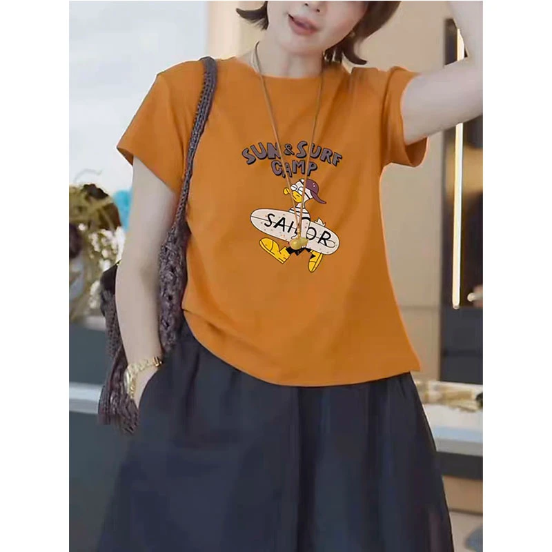 正肩圆领短袖t恤女2025新款时尚宽松休闲大码南瓜橘色上衣夏季潮