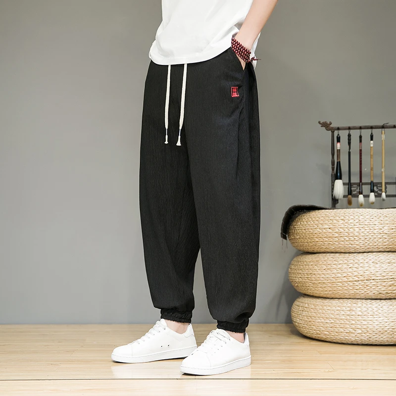 中国风刺绣男裤子复古夏季轻薄款冰丝九分裤大码胖子宽松哈伦裤潮