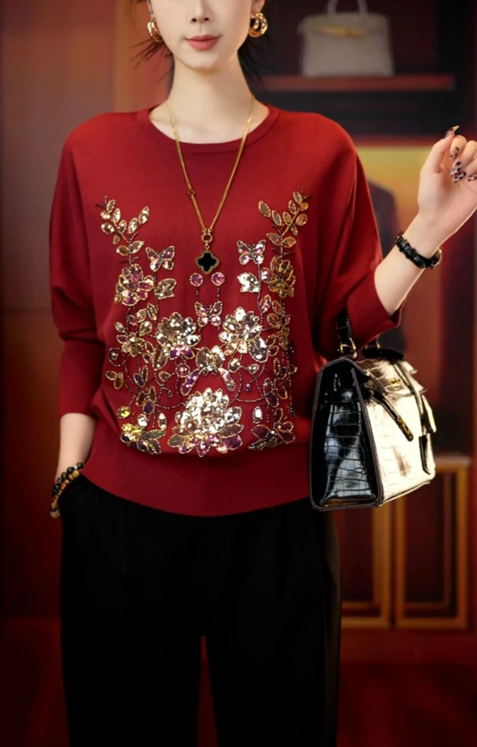 2025新款重工针织衫套头宽松中年妈妈装百搭时尚洋气女装1832