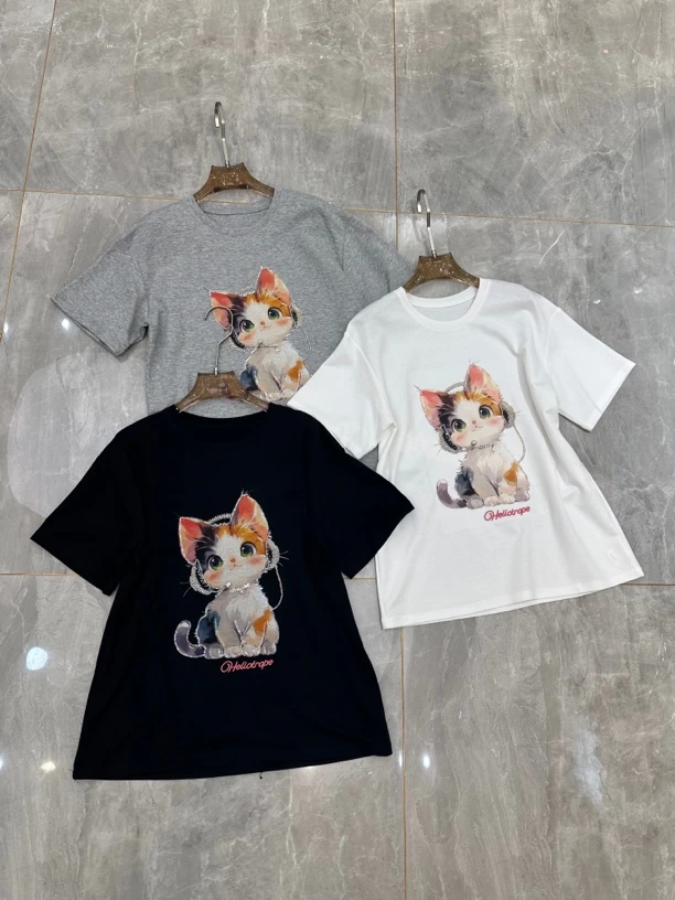 印花休闲风重工烫印猫咪短袖T恤套装百搭圆领春夏