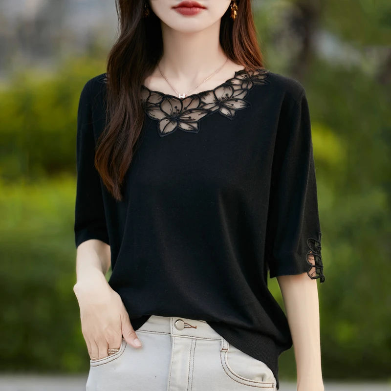 哥弟阿玛施正品桑蚕丝羊毛蕾丝镂空花朵春夏五分袖内搭打底T恤衫