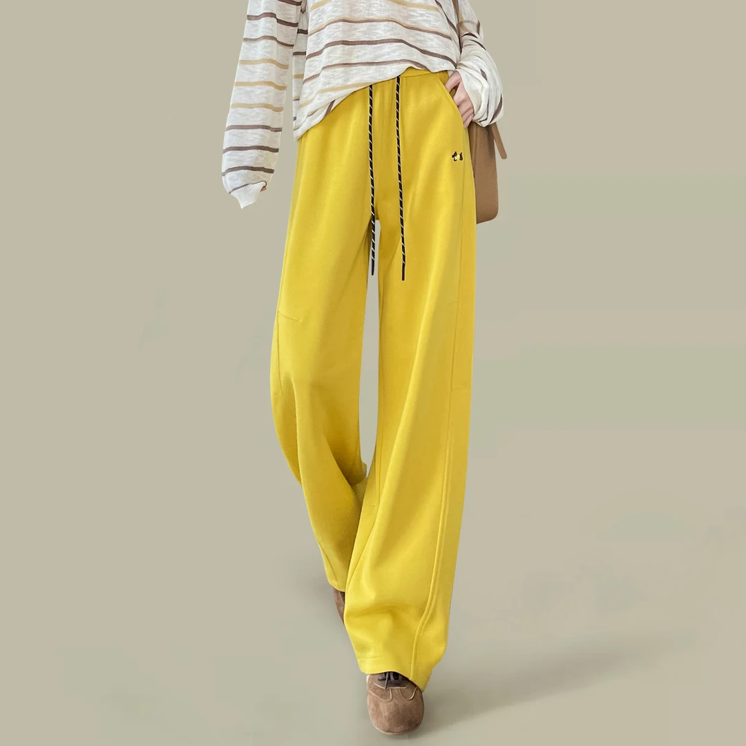 黄色高腰休闲运动阔腿直筒卫裤女2025年新款春秋垂感香蕉弯刀裤