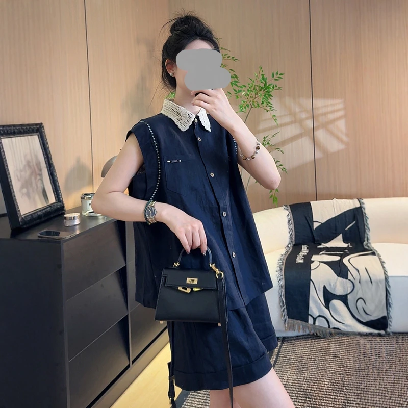 2025夏季新款宽松显瘦简约无袖衬衫短裤两件套女时尚休闲百搭套装