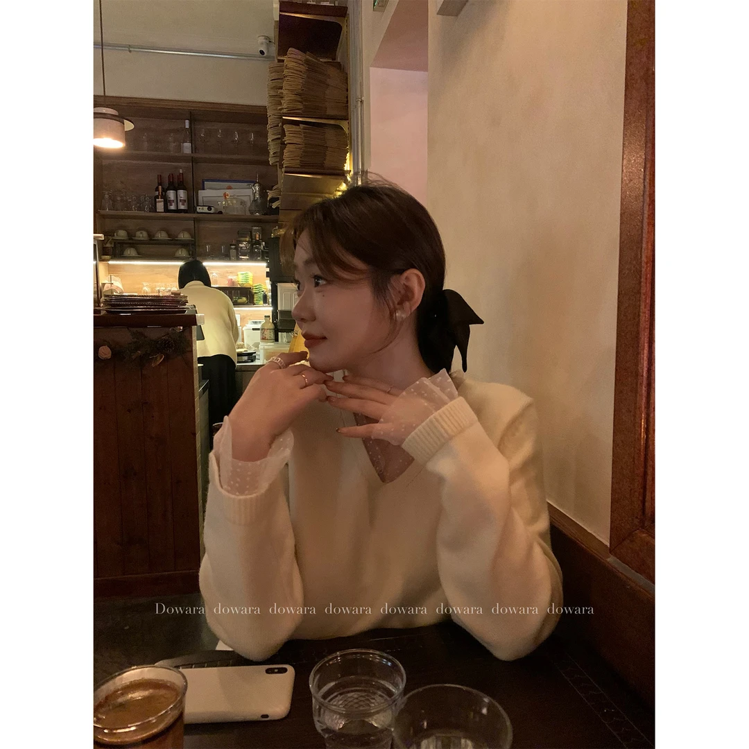 大婉酱微胖定制韩系设计感蕾丝拼接毛衣内搭可外穿上衣 7830D