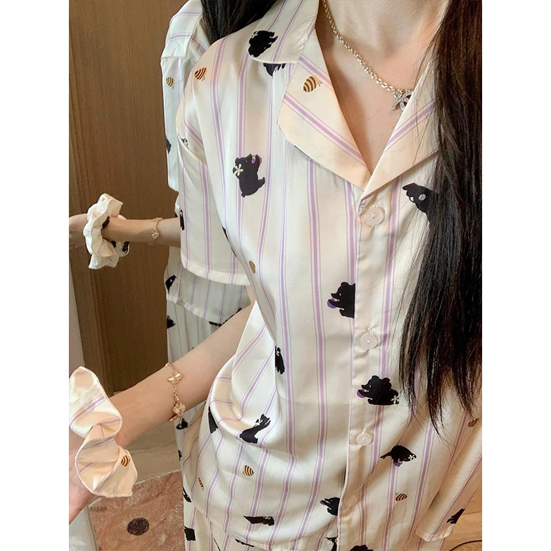 韩系甜美可爱条纹猫咪睡衣女夏季新款短袖长裤可外穿家居服两件套