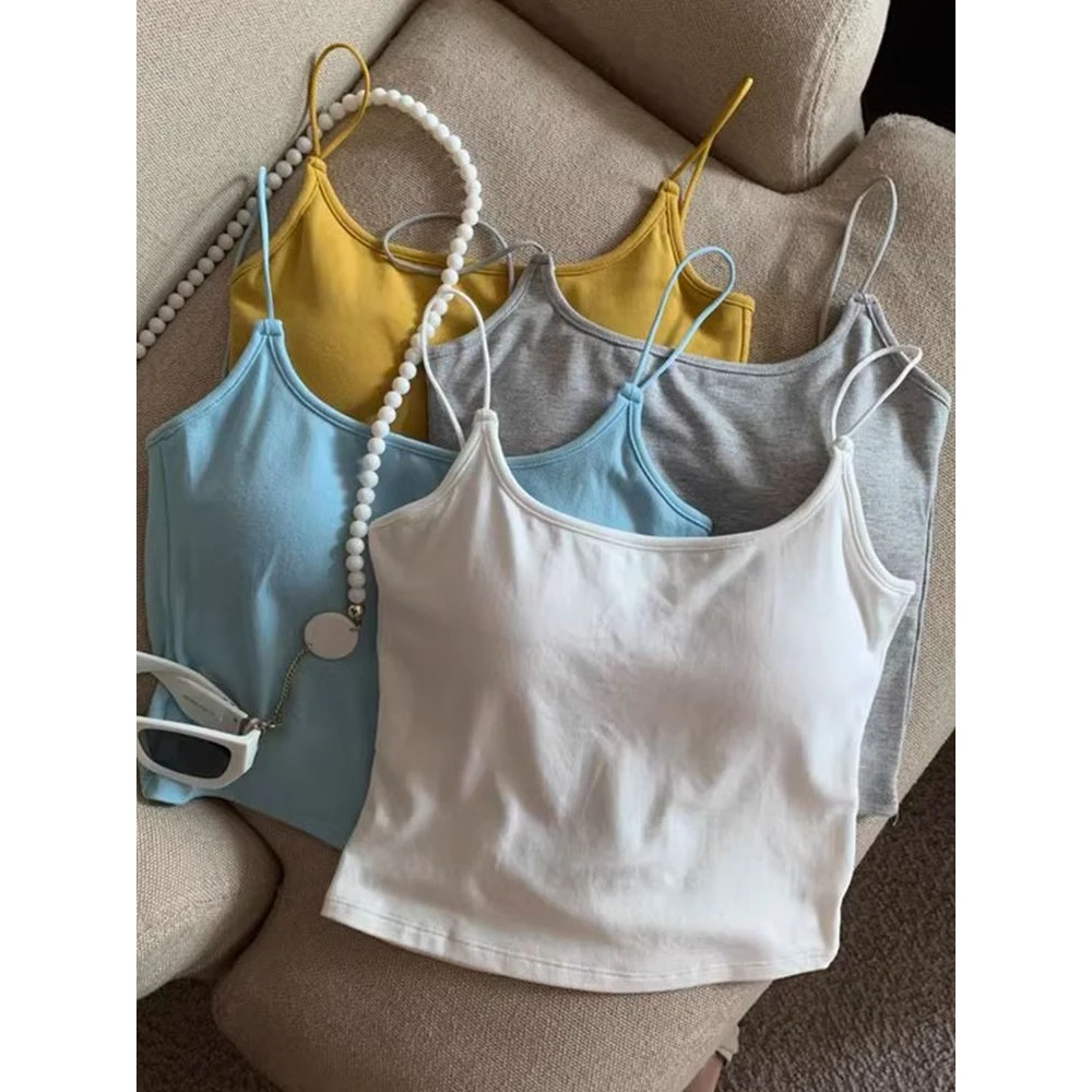 绝美露背吊带背心女夏季外穿带胸垫文胸一体精致短款美背上衣