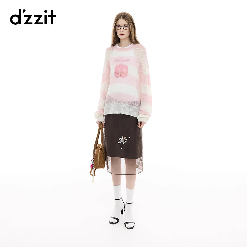 dzzit地素针织衫25春新款少女风条纹宽松薄款长袖上衣女3J1E4122G