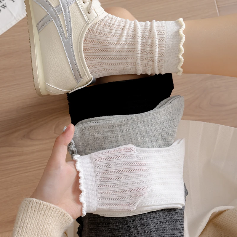 袜子女夏季薄款网眼镂空透气韩系纯色棉袜中筒运纯棉100%全棉防臭