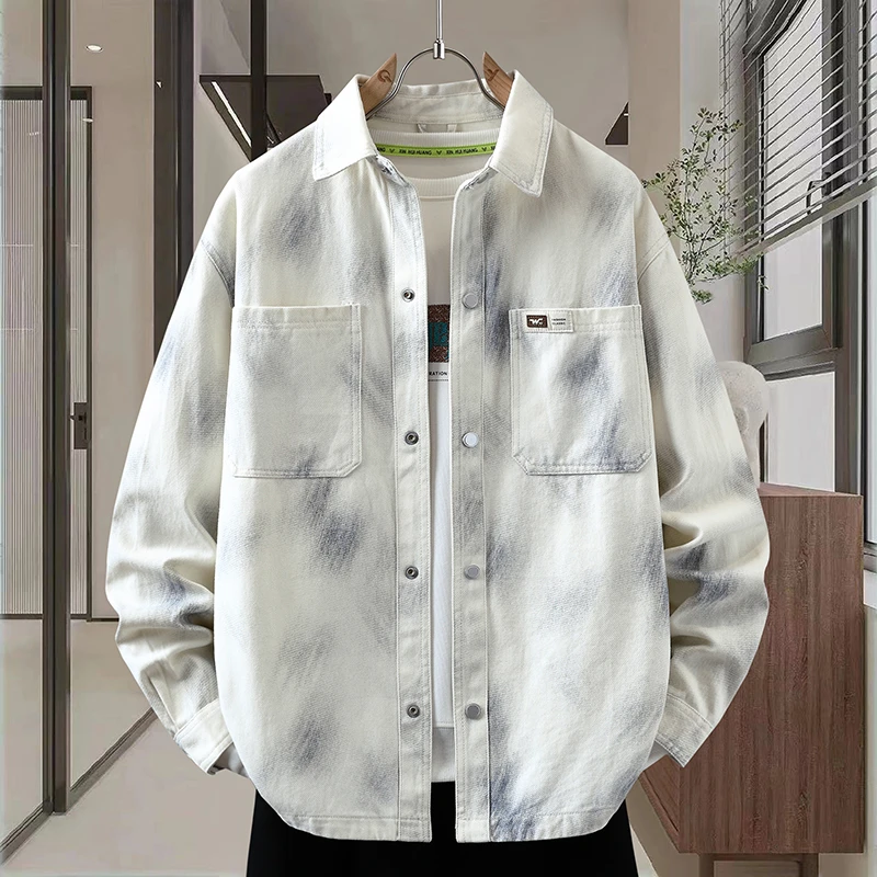 2025年秋季新款牛仔外套男士衬衫式翻领潮流夹克青少年宽松上衣服