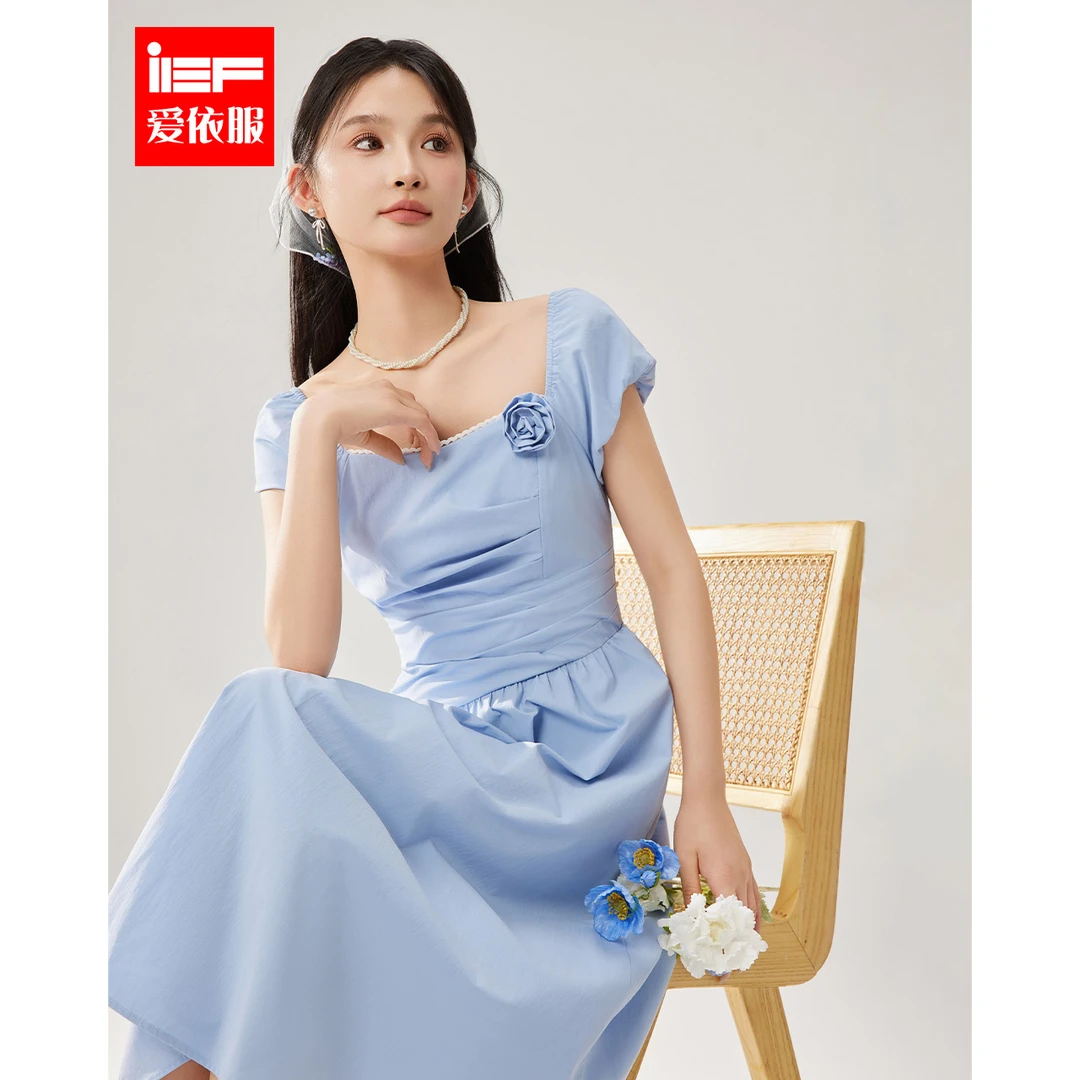 IEF/爱依服2025新款夏季气质温柔收腰设计感梭织连衣中裙流光风