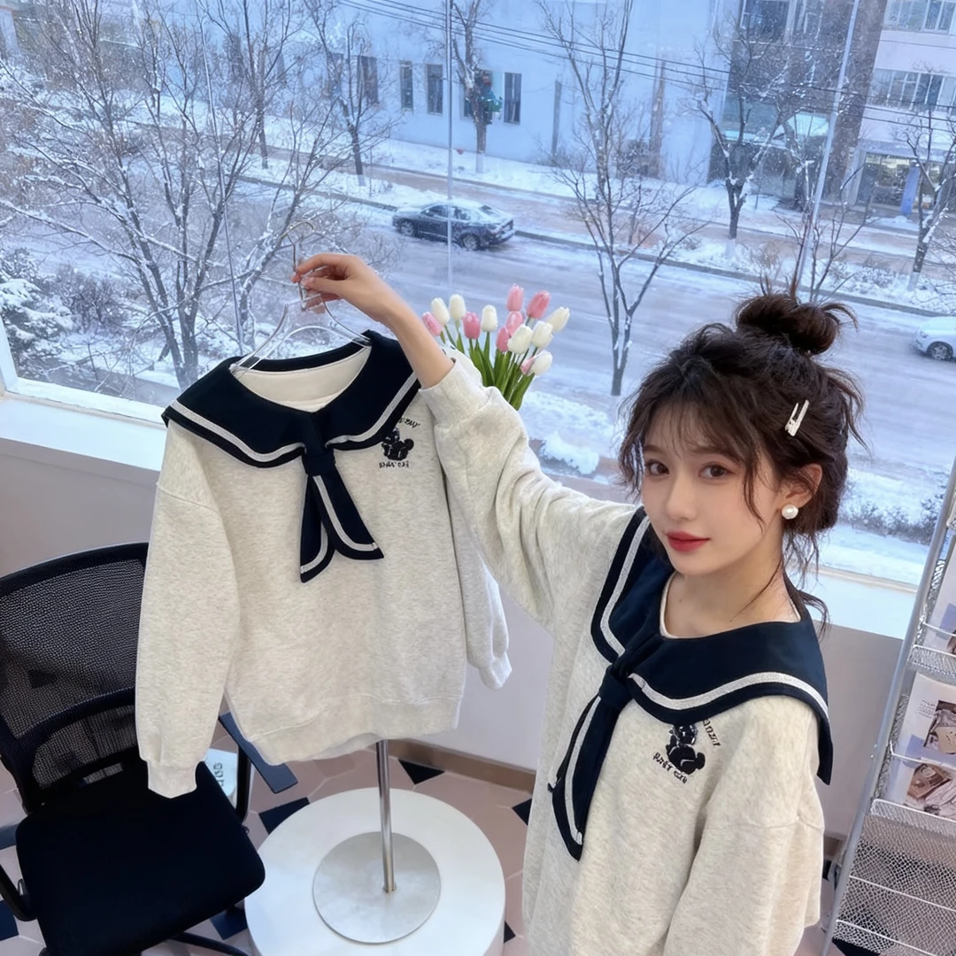 大码学院风洋气时尚减龄百搭卫衣秋冬胖mm海军领甜美个性套头上衣