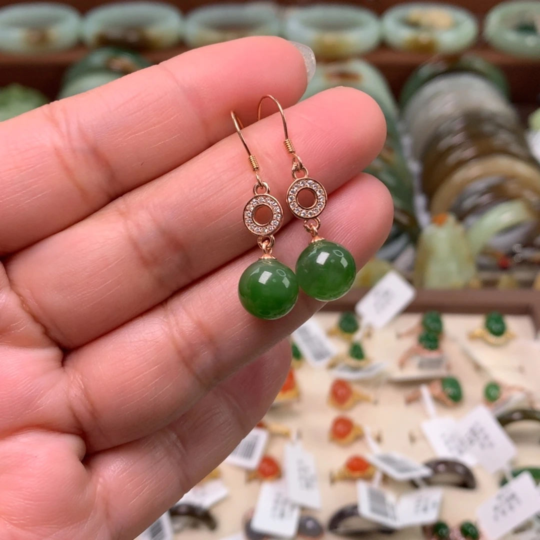 和田玉（碧玉）银S925镶嵌耳饰