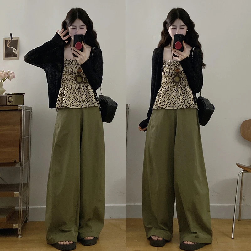 大码胖mm慵懒风黑色薄款长袖开衫女装秋季内搭别致豹纹吊带三件套