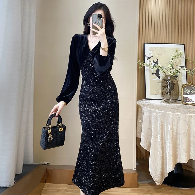 修身亮片连衣裙长款春秋装高级感宴会晚礼服长裙气质显身材鱼尾裙