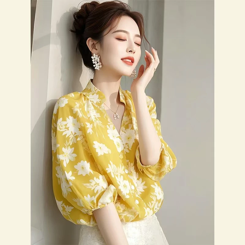 黄色印花雪纺衬衫女春2025新款轻奢高级感独特别致漂亮超好看上衣