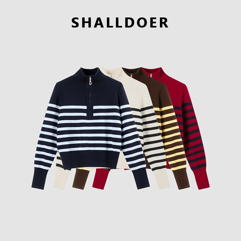 【蓝湖】秋冬新款翻领半拉链条纹撞色减龄款保暖合身针织衫2025女款