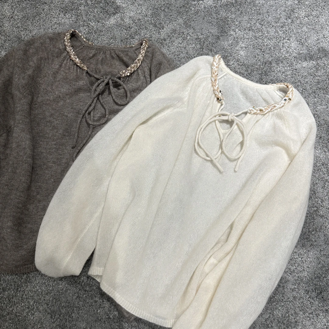 NNIE 编织领口 系带羊绒羊毛上衣