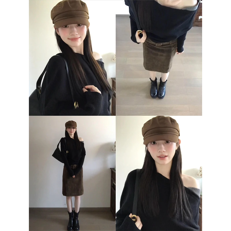 MARIE.COCO老钱风撞色拼接露肩毛衣针织衫高级感A字半身裙套装女