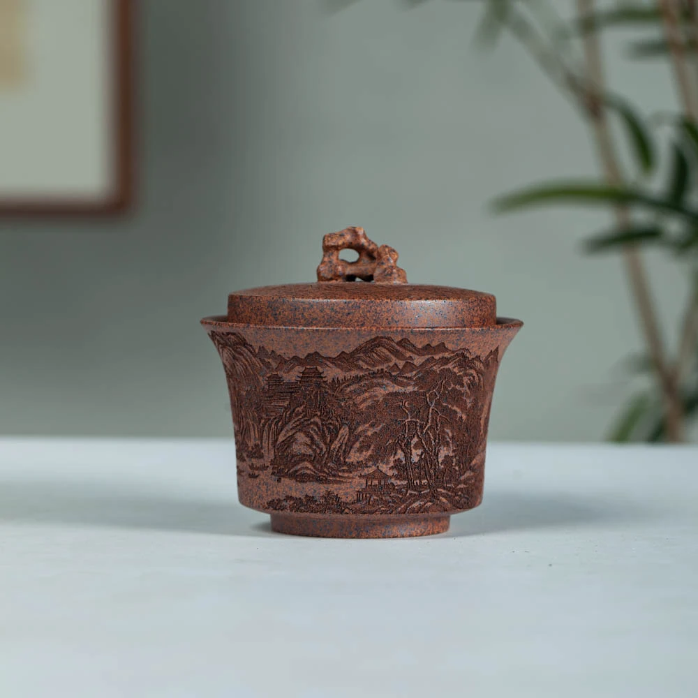 【奇胜堂紫砂】宜兴原矿紫砂柴烧龙骨金砂松山清韵盖碗手抓壶180CC