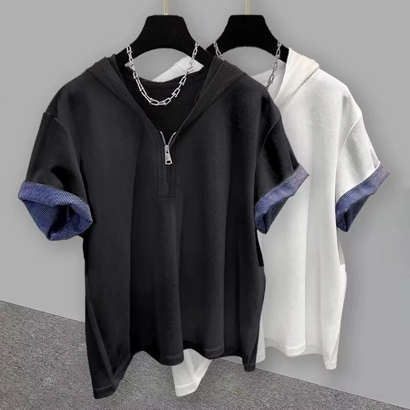 拉链连帽短袖t恤男夏季潮牌痞帅蝙蝠袖设计学生宽松