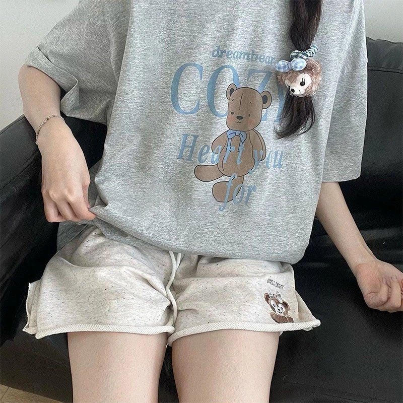 日系运动休闲阔腿短裤女夏季学院风设计感彩点小熊刺绣宽松五分裤