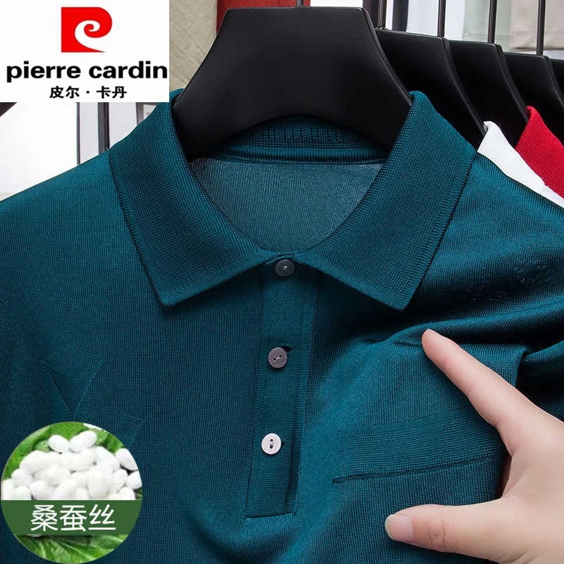 皮尔卡丹夏季桑蚕丝男士短袖t恤翻领中年爸爸装宽松上衣体恤polo